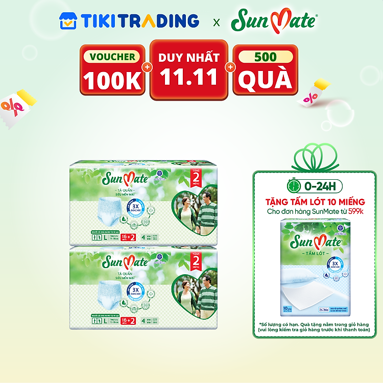 [Mẫu mới] Combo 2 Tã quần SunMate siêu mềm mại G1 mới size L-16+2 miếng