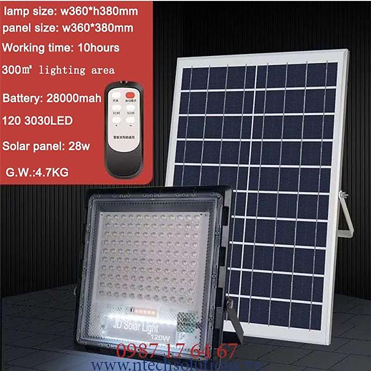 Đèn Pha Chống Lóa Cao Cấp Năng Lượng Mặt Trời mã JD-7120 Công Suất 120W - Mẫu 2021, Khung Nhôm