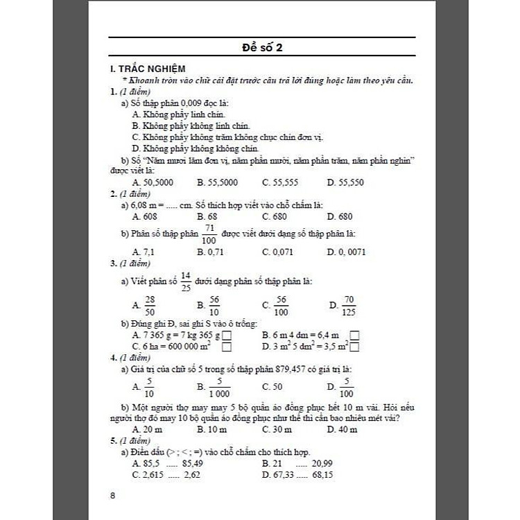 Bộ Đề Kiểm Tra Môn Toán Lớp 5 - Tập 1 - Ảnh 2
