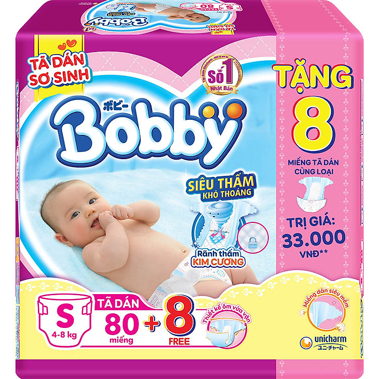 Tã Dán Bobby Sơ Sinh Siêu Thấm S80 (80 Miếng)