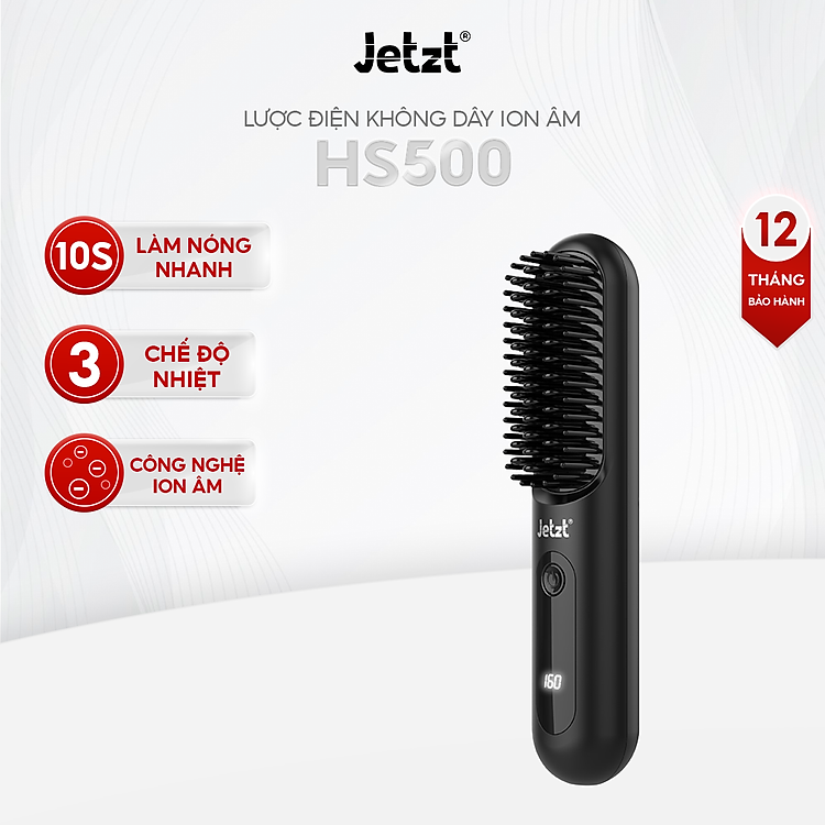 Lược điện không dây ion âm Jetzt HS500, tạo kiểu chăm tóc mềm mượt - sạc điện, dễ mang theo - Hàng chính hãng