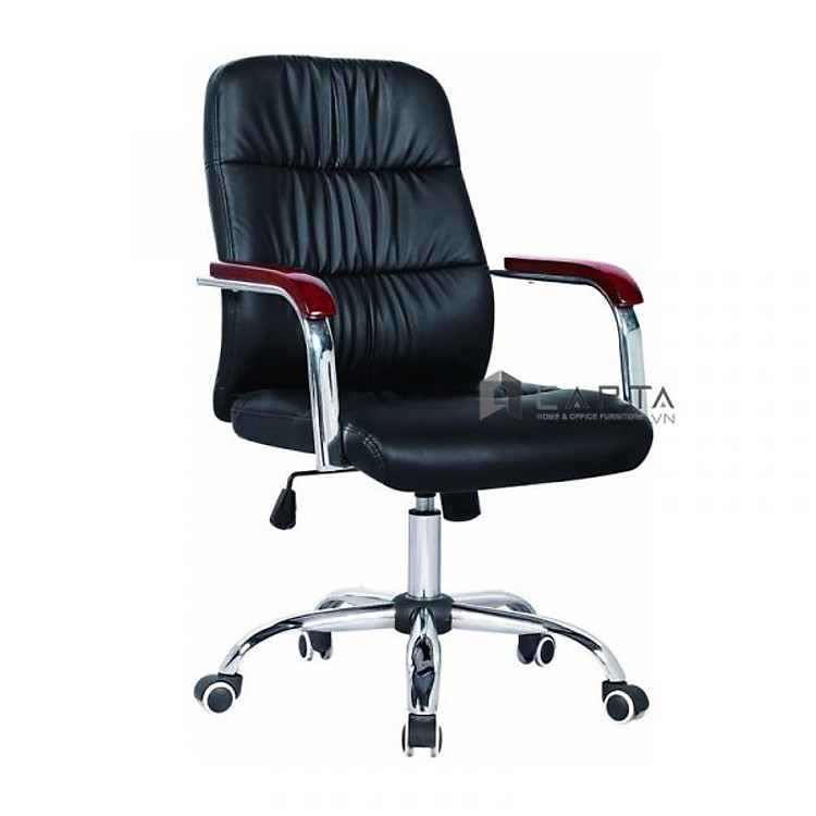 Ghế nhân viên lưng trung tay ốp gỗ CE4423-P Nội thất Capta Ghế xoay văn phòng lưng lưới nệm bọc da PVC màu đen tay thép mạ chrome ốp gỗ Office Chair