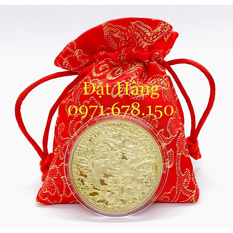 Đồng Xu Long Phụng Xum Vầy Mạ Vàng - Phong Thủy May Mắn