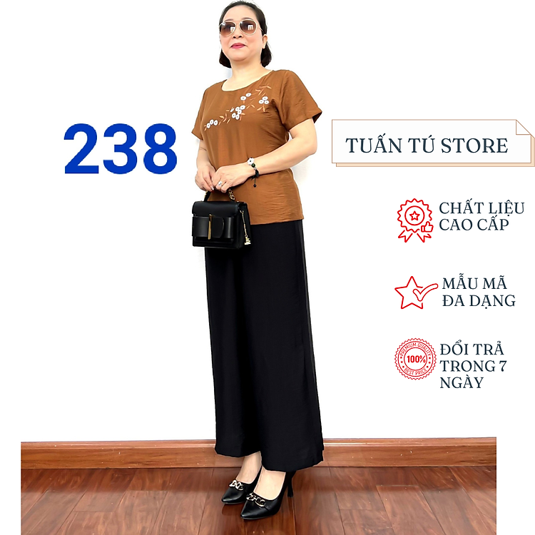 Bộ Đồ Trung Niên Phối Áo Đũi Thêu Hoa Với Quần Đũi Đen Cực Đẹp Phù Hợp Với Phụ Nữ Từ 55-70 Tuổi - Tuấn Tú Store 68