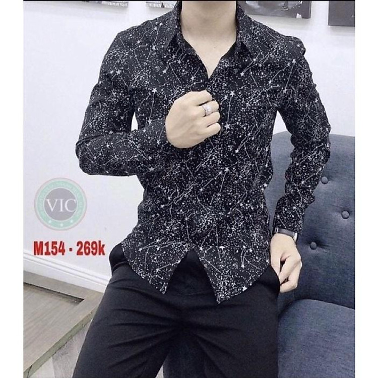 ÁO SƠ MI NAM ĐEN HOẠ TIẾT SAO