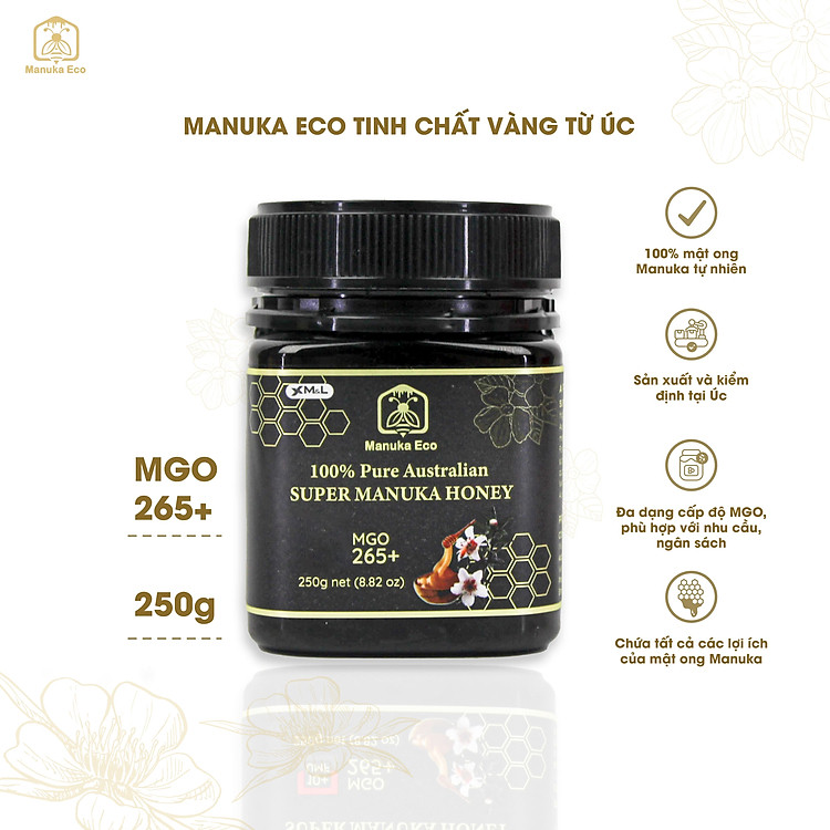 Mật ong Manuka Eco Úc nguyên chất 100% - chỉ số kháng khuẩn MGO từ 30+ - thực phẩm bổ dưỡng, tăng sức đề kháng