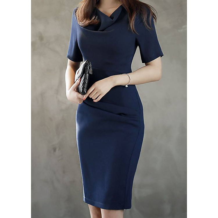 Đầm Ôm Xanh Tím Than Cổ Đổ Thanh Lịch DL015