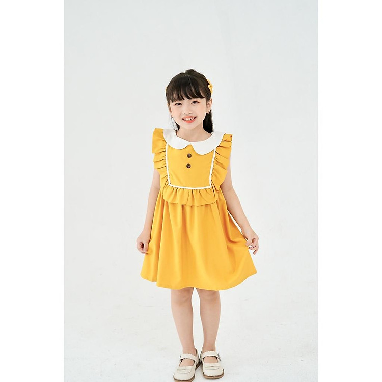 Váy bé gái dáng suông cổ sơ mi trắng cao cấp Sunkid SN12 màu vàng 4-12 tuổi
