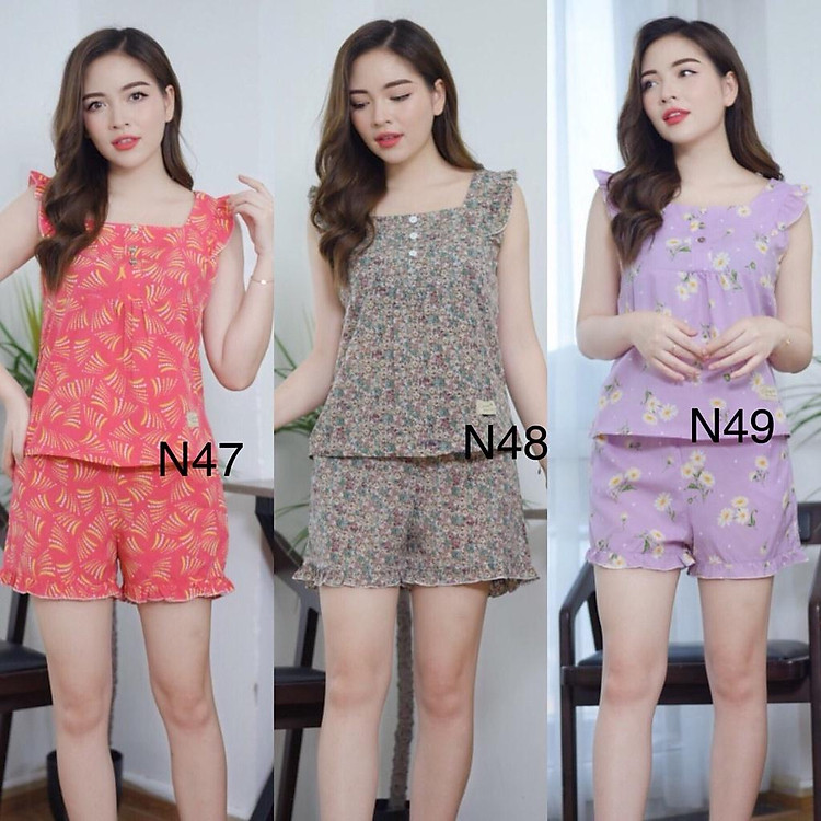 Bộ mặc nhà thiết kế áo 2 dây bản to tay bèo,quần đùi phong cách trẻ trung
