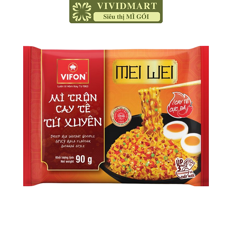 VIFON - Mì trộn Mei Wei hương vị cay tê Tứ Xuyên, mì trộn Mei Wei ăn liền, mì trộn MeiWei, mì trộn Vifon (90g/gói)