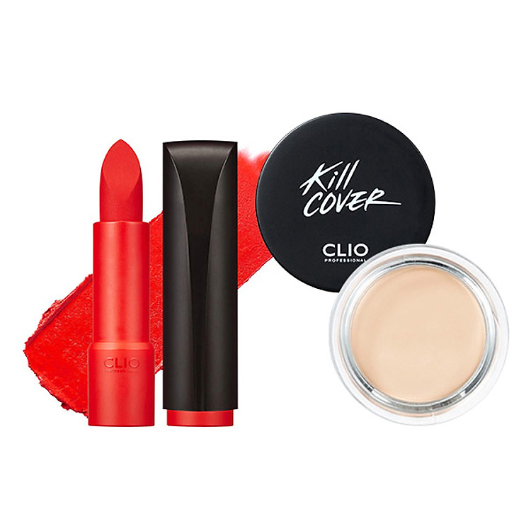 Combo Trang Điểm Clio 03 (Kem Che Khuyết Điểm 03 Linen & Son Thỏi Clio Rouge Heel Velvet 004 Opening Teaser)