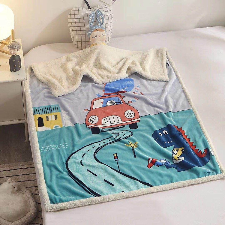 CHĂN LÔNG CỪU CHO BÉ SIÊU MỀM MỊN 1mx1m4 - KHỦNG LONG Ô TÔ