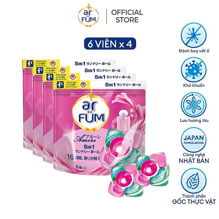 Combo 4 Túi Viên giặt xả arFum 5 trong 1 MỚI lưu hương lâu 16 tuần, khử khuẩn 99% - 6 Viên/ Túi