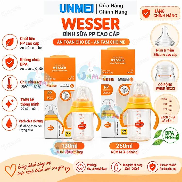 Bình sữa cổ rộng PP Wesser 180ml/260ml
