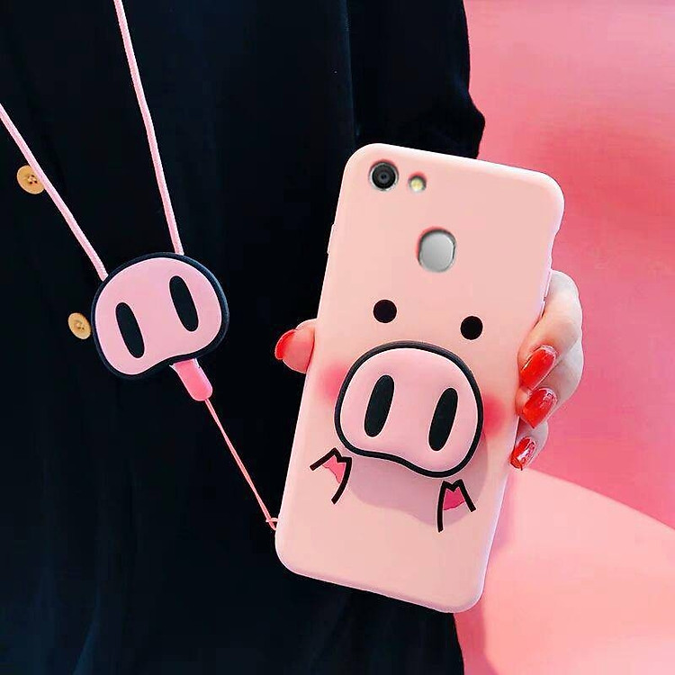 Ốp lưng dẻo hình mũi heo tặng kèm giá đỡ và dây đeo dành cho Oppo F9,F7,F5,A3s,A83,F1s,A71