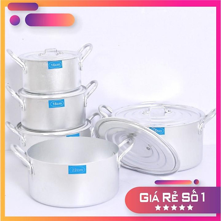 Bộ Nồi Nhôm Cao Cấp 5 Cái 16cm 18cm 20cm 22cm 24cm