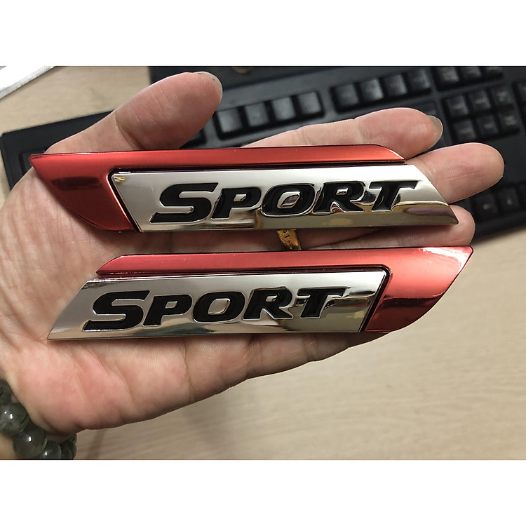 Bộ 2 Tem kim loại mạ crom SPORT chữ đen nền trắng phối đỏ