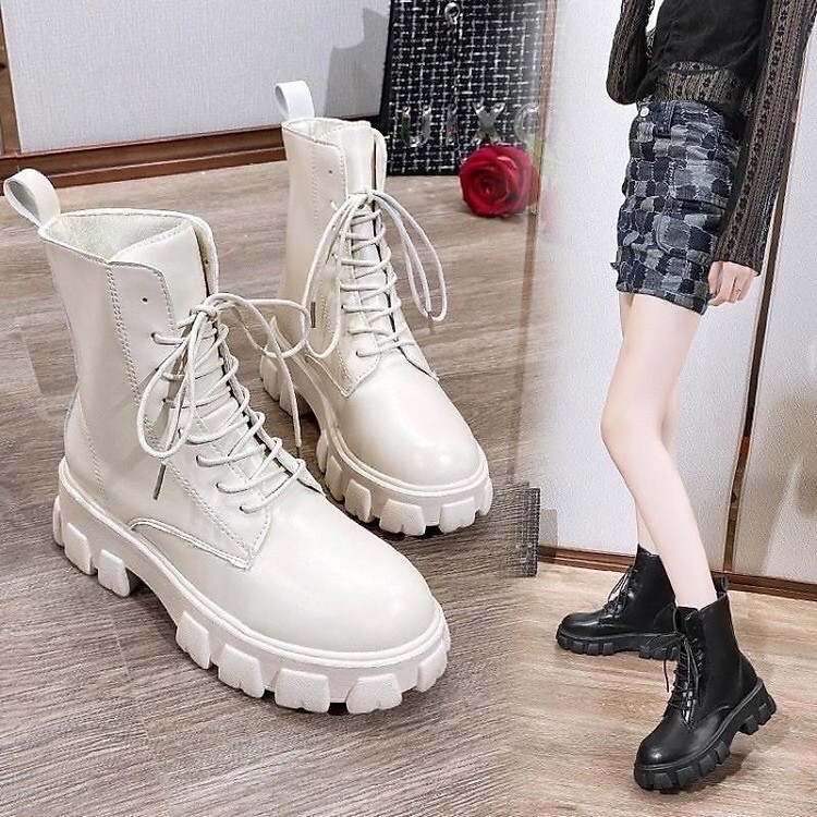 Bốt (boot) da cổ cao buộc dây đế răng cứ mới .