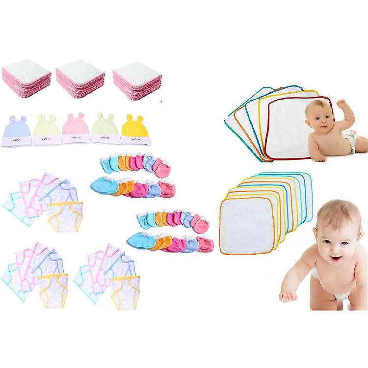 Set 70 Món Đồ Dùng Cho Bé Sơ Sinh(15 tã + 15 khăn + 10 cặp bao tay + 10 cặp bao chân + 5 nón + 15 tã lót )_y hình