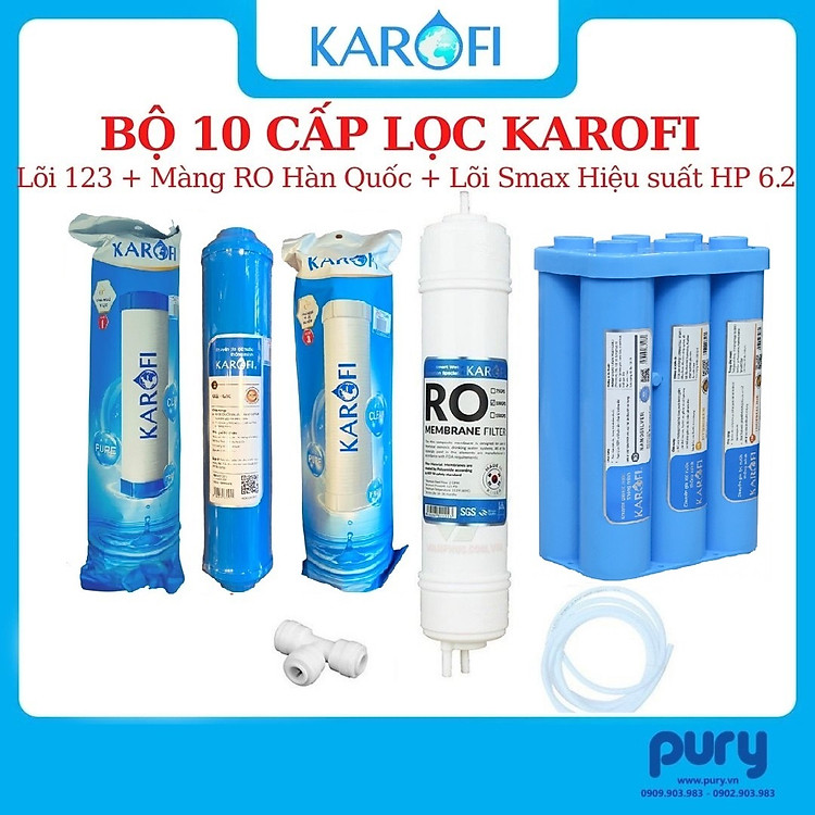 Combo 10 Lõi lọc Karofi - Đúc Nguyên Khối SMAX Hiệu Suất Cao HP 6.2 - Màng RO 100GDP Hàn Quốc - Alkaline - Hydrogen - Hàng Chính Hãng