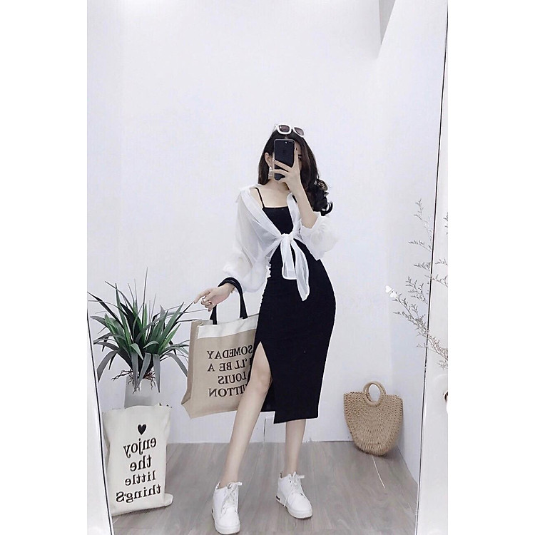Set Váy Đen 2 Dây Xẻ Tà + Áo Sơ Mi Trắng