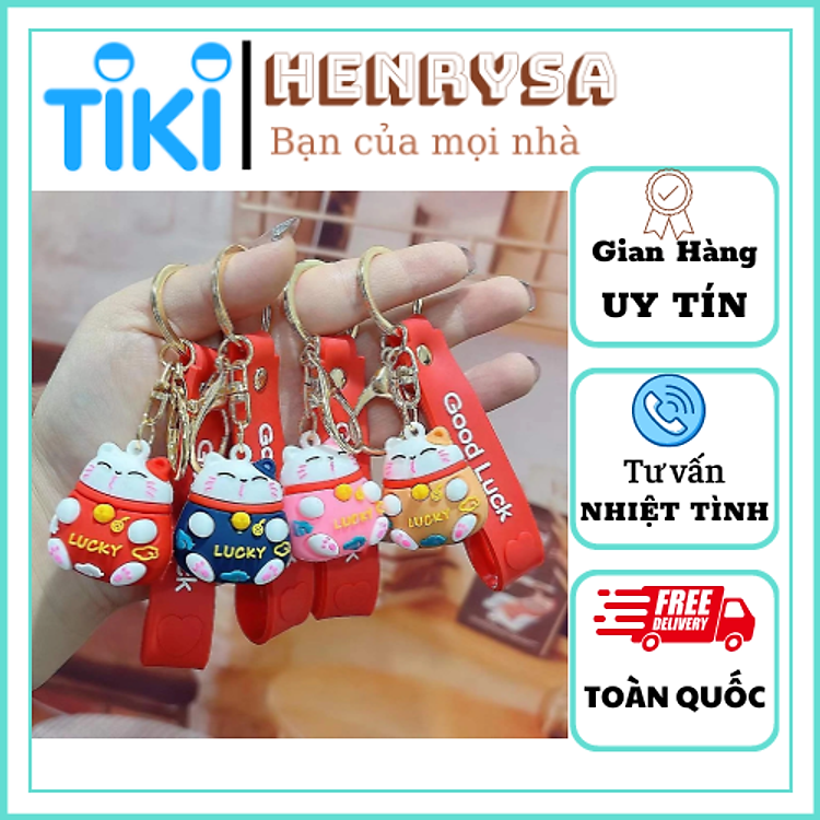 Móc Khoá Mèo Thần Tài Lucky Nhiều Màu Sắc Có Dây Treo Silicon