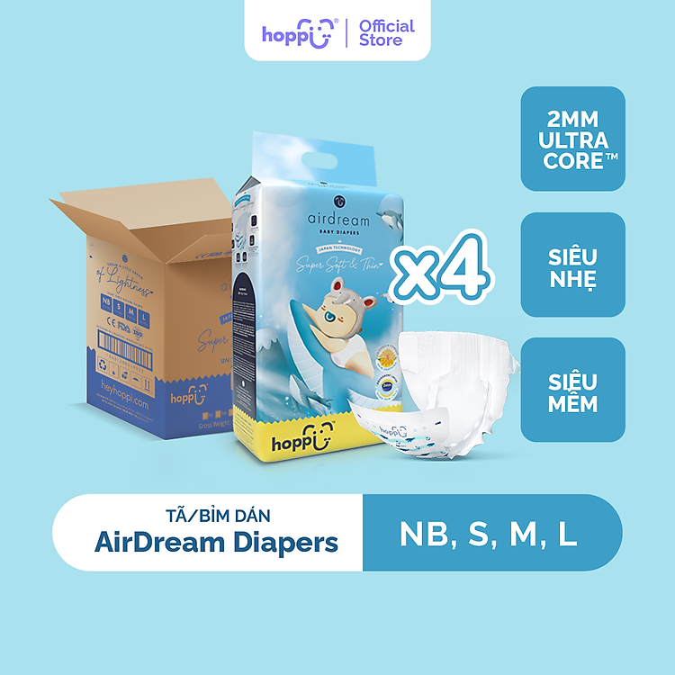 Thùng 4 Gói Tã Hoppi AirDream Chính hãng Tiết kiệm