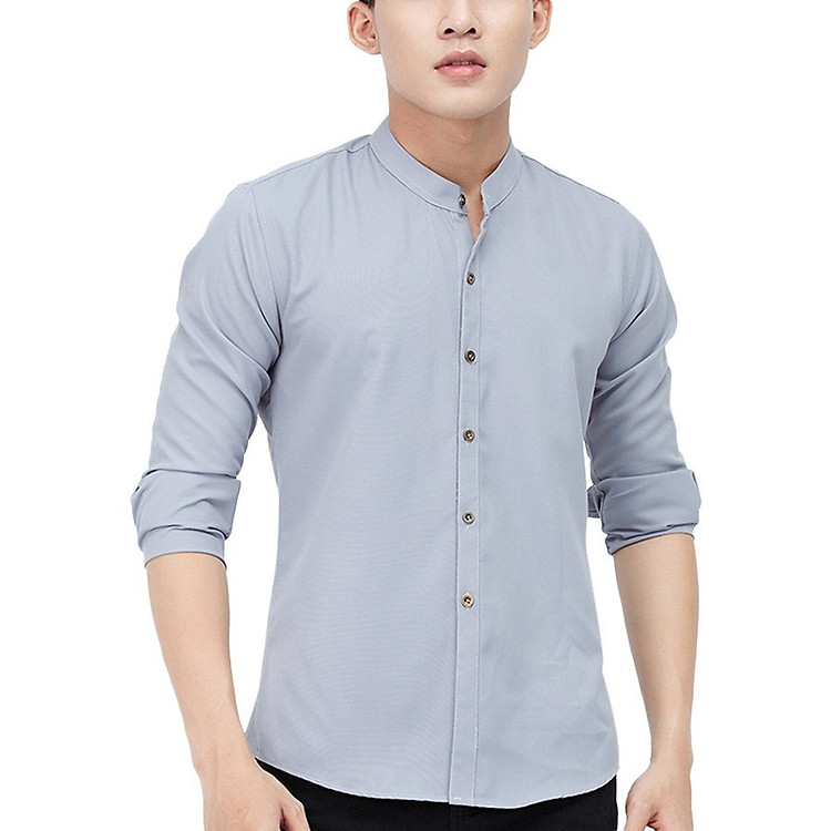Áo Sơ Mi Cổ Tàu, Áo Sơ Mi Cổ Trụ KOJIBA Màu Xám Chất Liệu Cao Cấp