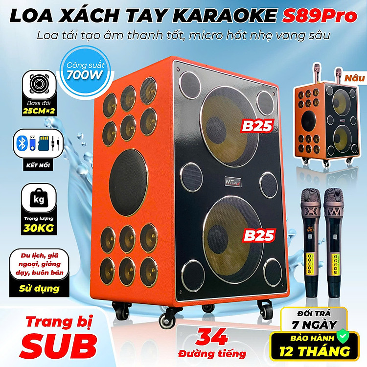 Loa Kéo Karaoke Nghe Nhạc S89 Pro Có SUB 34 Đường Tiếng - 2 Bass 25cm, Công Suất 700W, Hát Karaoke Cực Hay Kèm 2 Micro Hàng Nhập Khẩu