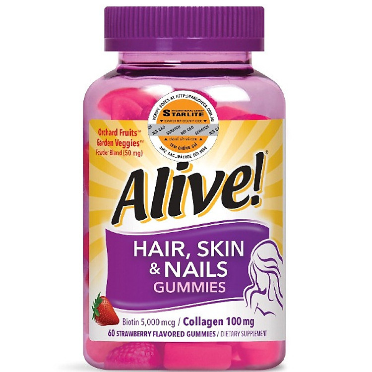 Thực Phẩm Chức Năng Kẹo Dẻo Vitamin Da Tóc & Móng Alive Hair Skin & Nail Gummy, 60 Viên