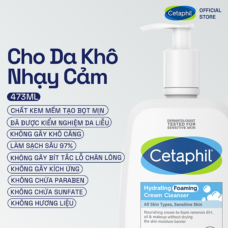 Sữa Rửa Mặt Tạo Bọt Dịu Lành Cho Da Nhạy Cảm Cetaphil Hydrating Foaming Cream Cleanser 473ml