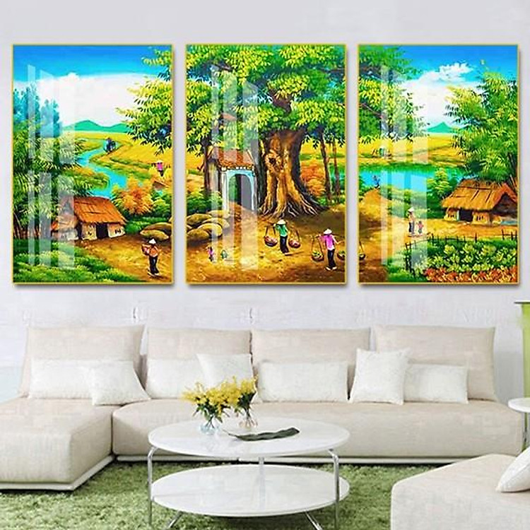 Tranh treo tường Đồng Quê tráng gương pha lê cao cấp trang trí nội thất TA11