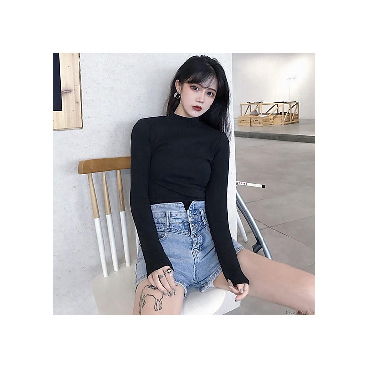 Áo thun nữ tay dài ôm body dáng cổ 3 phân chất thun mịn