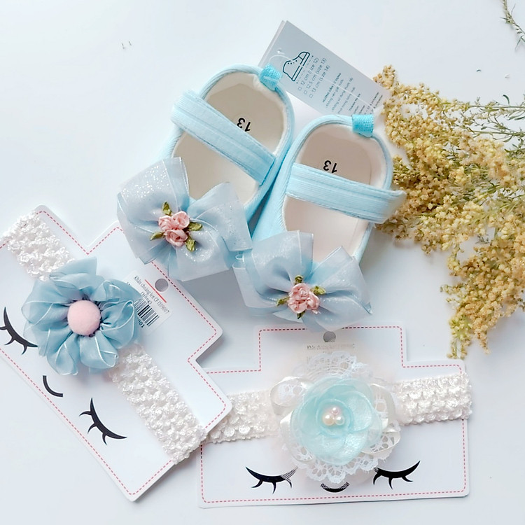 Combo Giày Tập Đi Cho Bé Gái 0 - 15 tháng kèm 2 Băng Đô Xinh Xắn - Màu Xanh