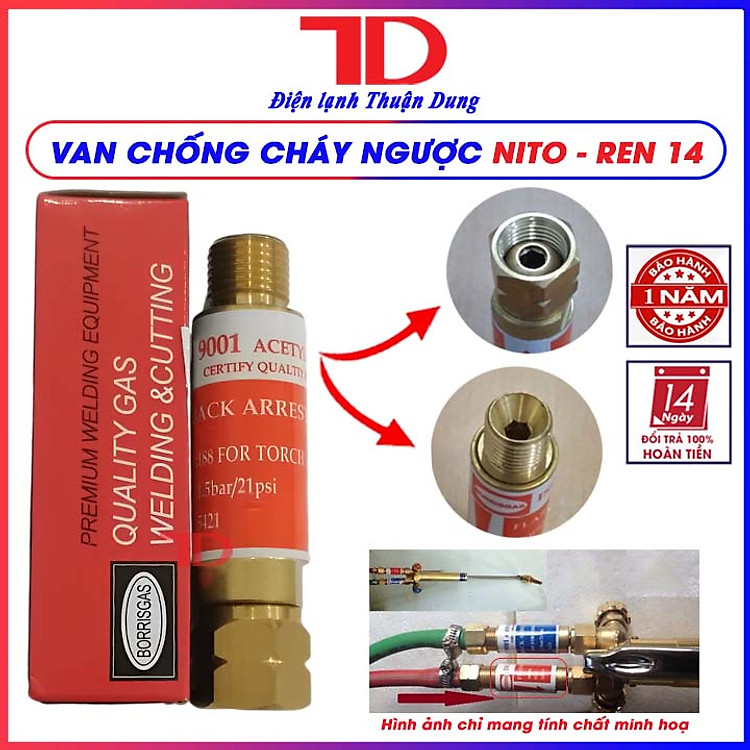 Van chống cháy ngược khí hàn Oxi, Van lắp tay hàn gió đá O2, acetylen, Valve Boris, phi 16 hàng chính hãng, Điện Lạnh Thuận Dung