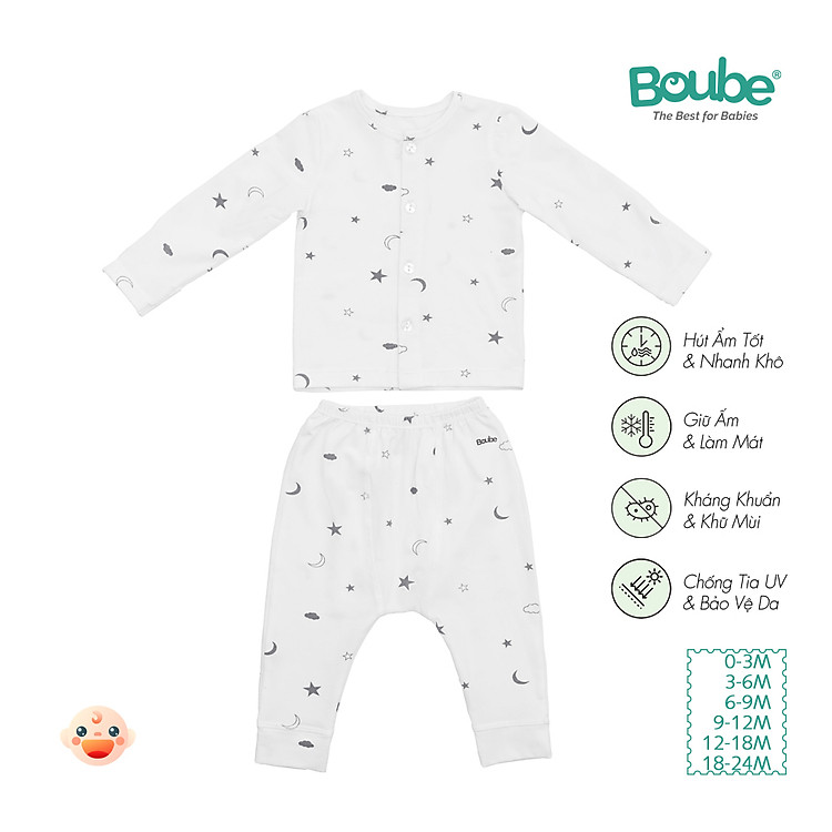 Bộ dài tay cúc thẳng hoạ tiết dễ thương cho bé sơ sinh và trẻ nhỏ Boube, Vải cotton organic thoáng mát- Size 0-24M