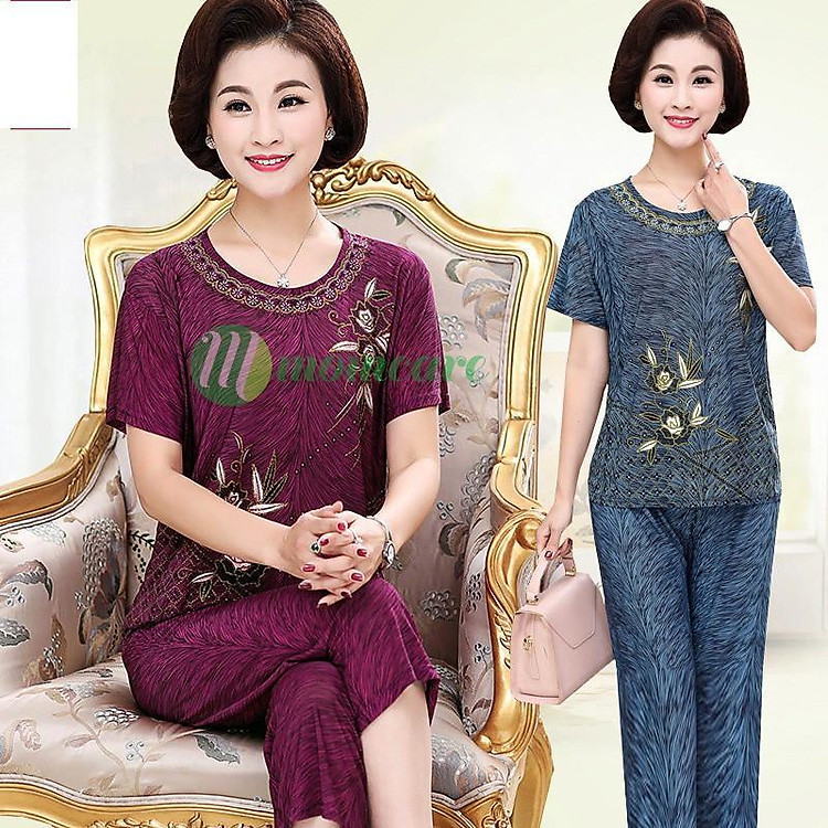 Bộ đồ trung niên nữ mặc nhà B60 - Đồ ngủ cho mẹ trung tuổi đẹp - Quần áo kiểu thời trang mùa hè U40 U50 U60 Bigsize