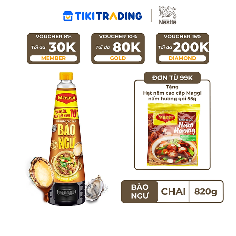 Dầu Hào Cao Cấp Nestlé MAGGI Bào Ngư chai 820g - 1 bước xào, óng ánh chuẩn nhà hàng. Chai lớn, giá tiết kiệm 10%