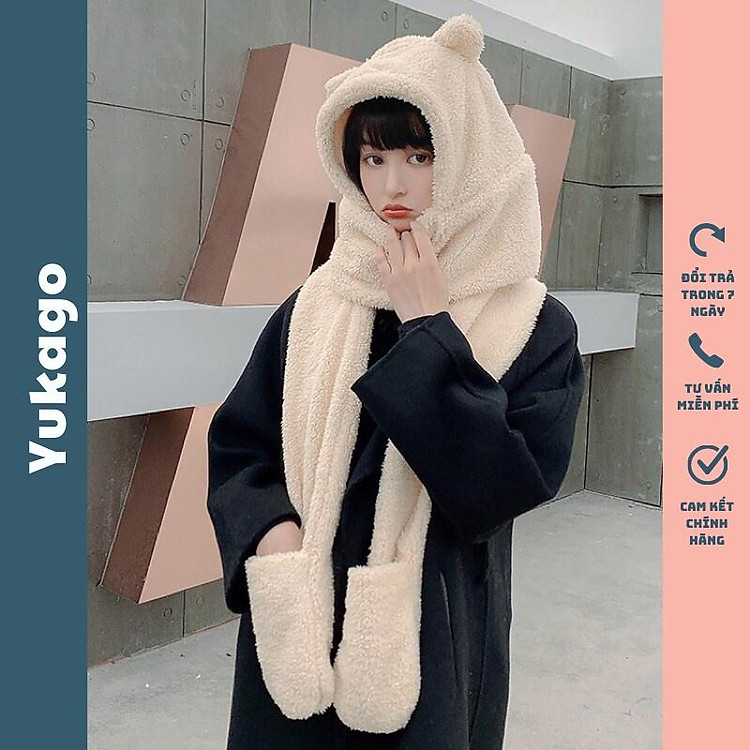Mũ lông cừu tai gấu kèm khăn quàng cổ cho nữ 3in1 SA375