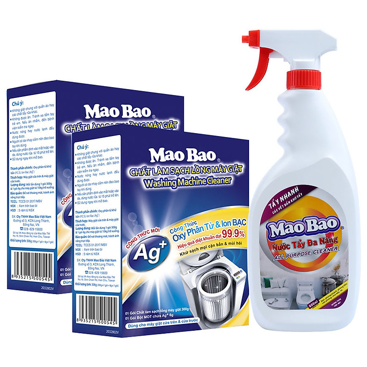 Combo 02 Hộp Chất Làm Sạch Lồng Máy Giặt Mao Bao (300g / Hộp) + Chai Nước Tẩy Đa Năng Mao Bao (600ml)