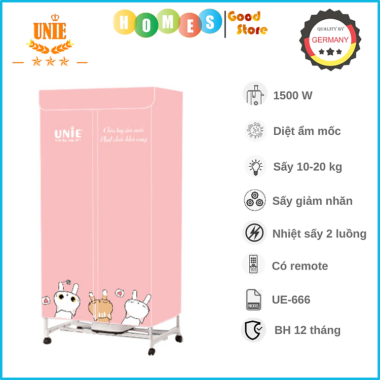 Máy Sấy, Tủ Sấy Quần Áo UNIE UE-666 Có Remote Tiêu Chuẩn Đức Công Suất 1500W - Hàng Chính Hãng