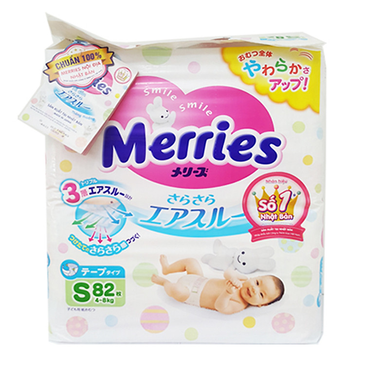 Tã/Bỉm Dán Merries Size S 82 miếng (dành cho bé 4 - 8 kg)