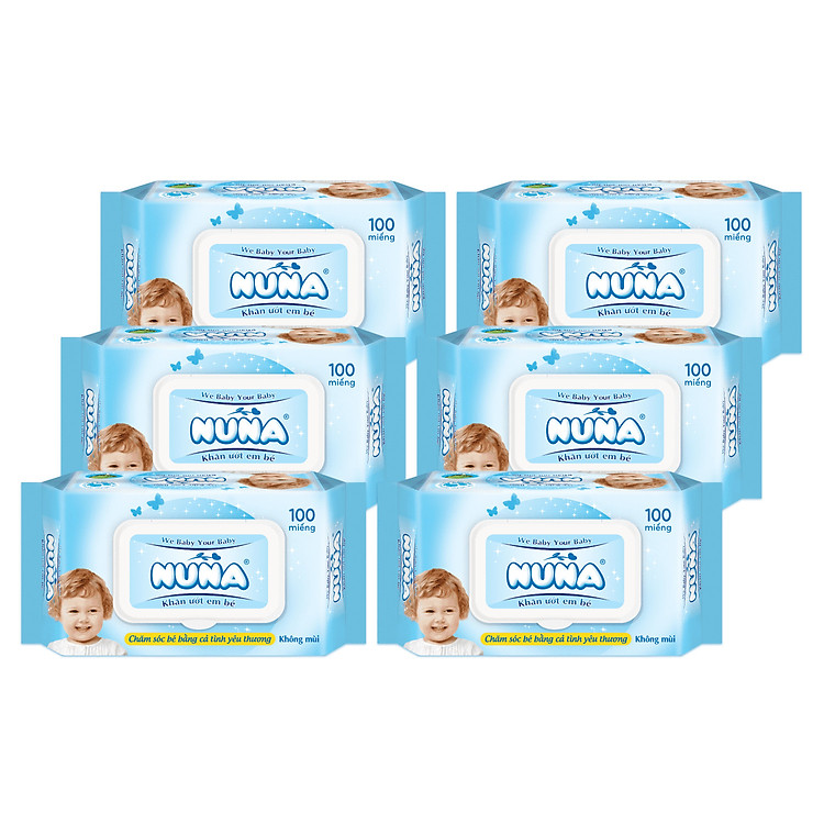 Combo 6 Bao Khăn Ướt Em Bé Nuna Không Mùi 100 Miếng/Bao