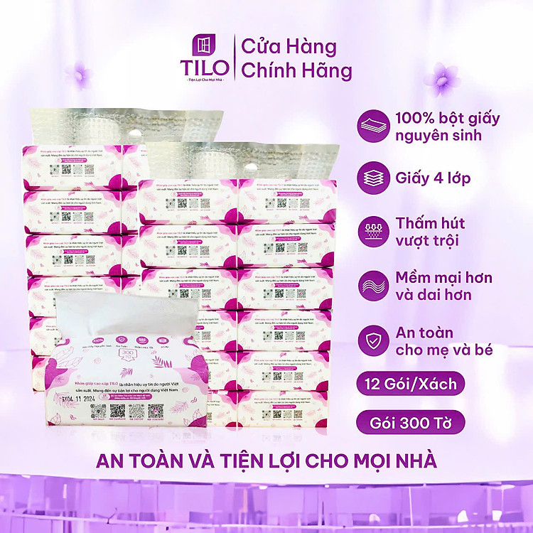 12 gói khăn giấy rút bàn TiLo 300 tờ 4 lớp dai mềm mịn, an toàn, tiết kiệm