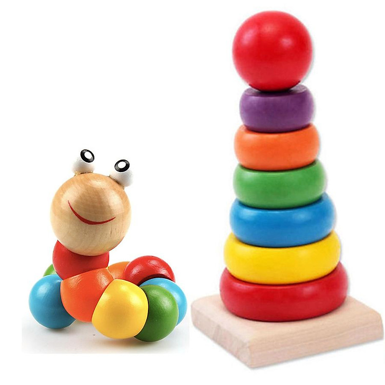 Combo đồ chơi sâu gỗ và tháp cầu vồng SM - Đồ chơi gỗ dành cho bé, đồ chơi phát triển trí tuệ