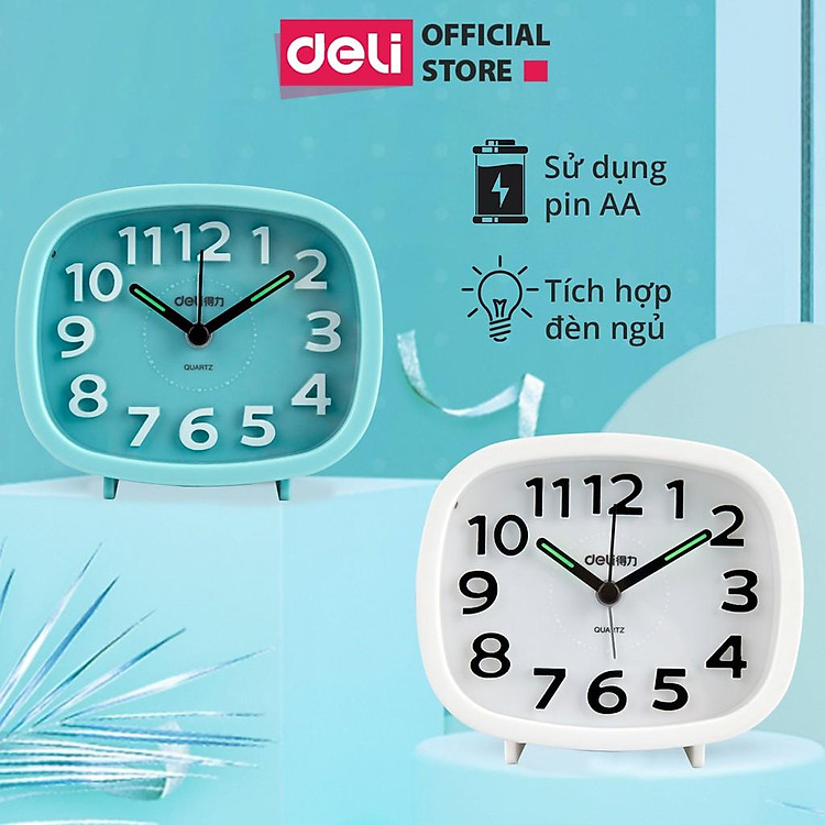 Đồng hồ báo thức dạ quang Deli - Trắng/ Xanh dương - 8800