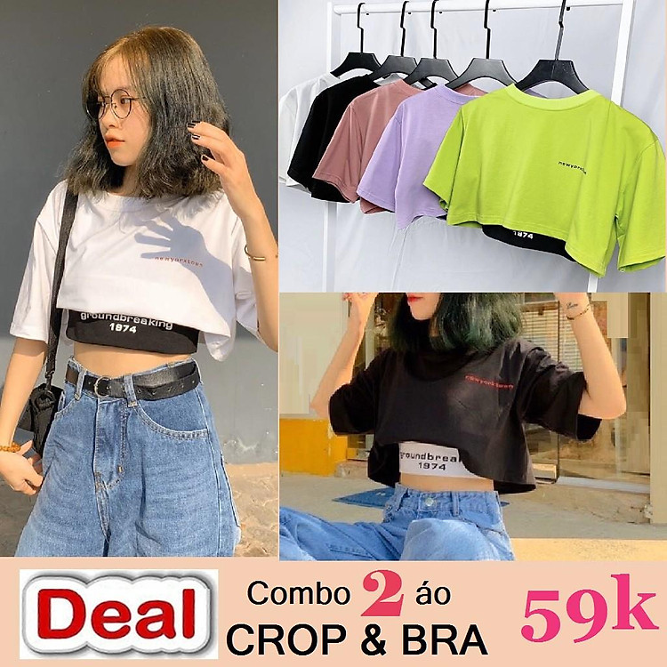 SET ÁO THUN CROPTOP KÈM BRA FORM RỘNG TAY LỠ - ÁO NHÓM CROP NGẮN TAY 16
