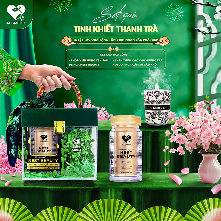 Set Quà Tặng Sắc Đẹp Sức Khỏe nội sinh Ausmedic - Kiều Diễm Đón Xuân (Kèm Decor Hoa Khô) - Nest Beauty làm chậm lão hóa với NMN