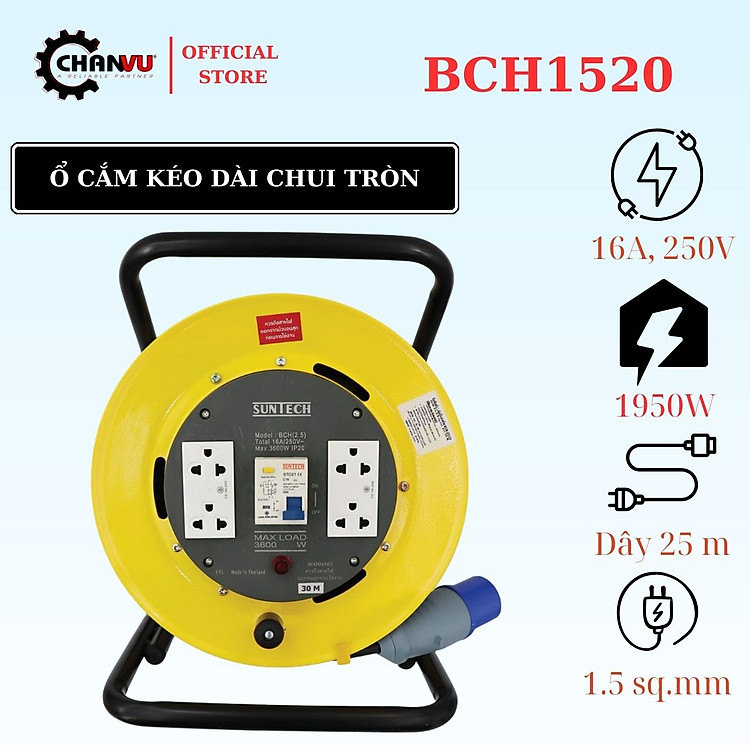Ổ Cắm Rulo, ổ cắm quay tay điện Kéo Dài SUNTECH BCH1520 và BCH2520.Giải Pháp An Toàn Cho Nhà Máy và Công Xưởng