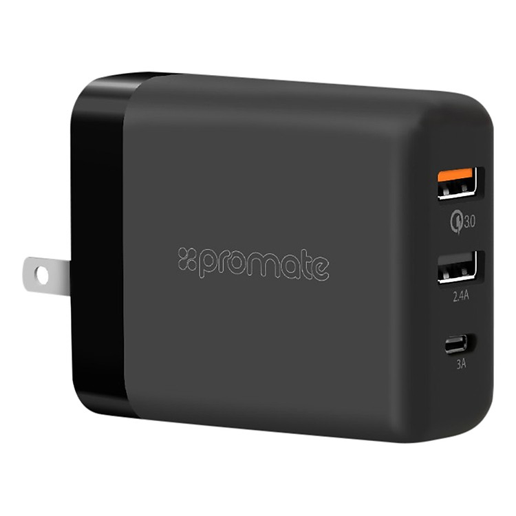 Adapter Sạc 3 Cổng Promate 30W Hỗ Trợ QC 3.0 POWERHUB-QC.BLK-US (Đen) - Hàng Chính Hãng